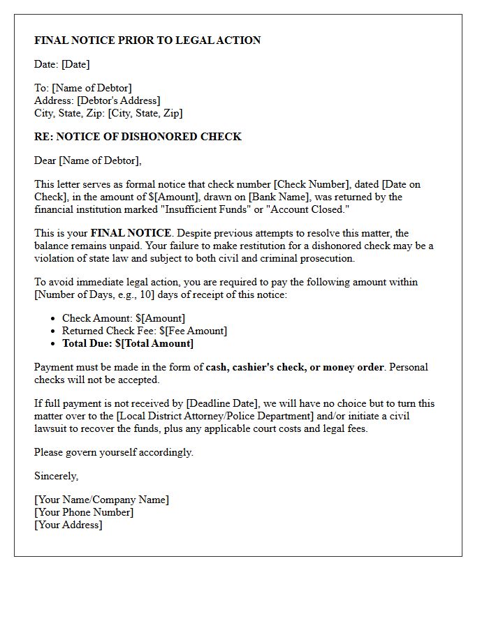 Intent to Prosecute Final Notice Letter for Bounced Check