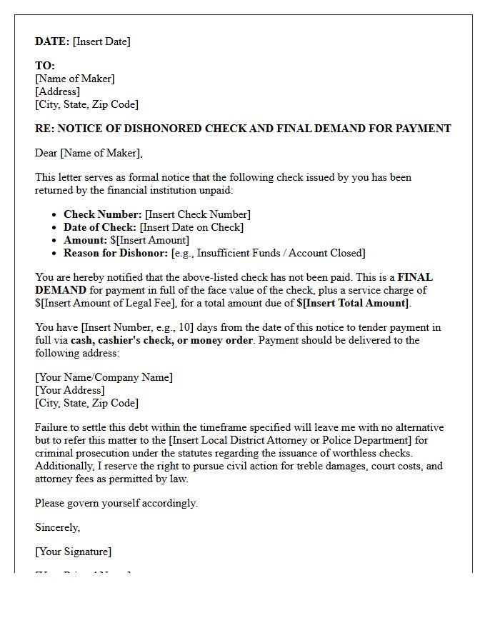 Letter of Final Demand for Dishonored Check Prior to Criminal Prosecution