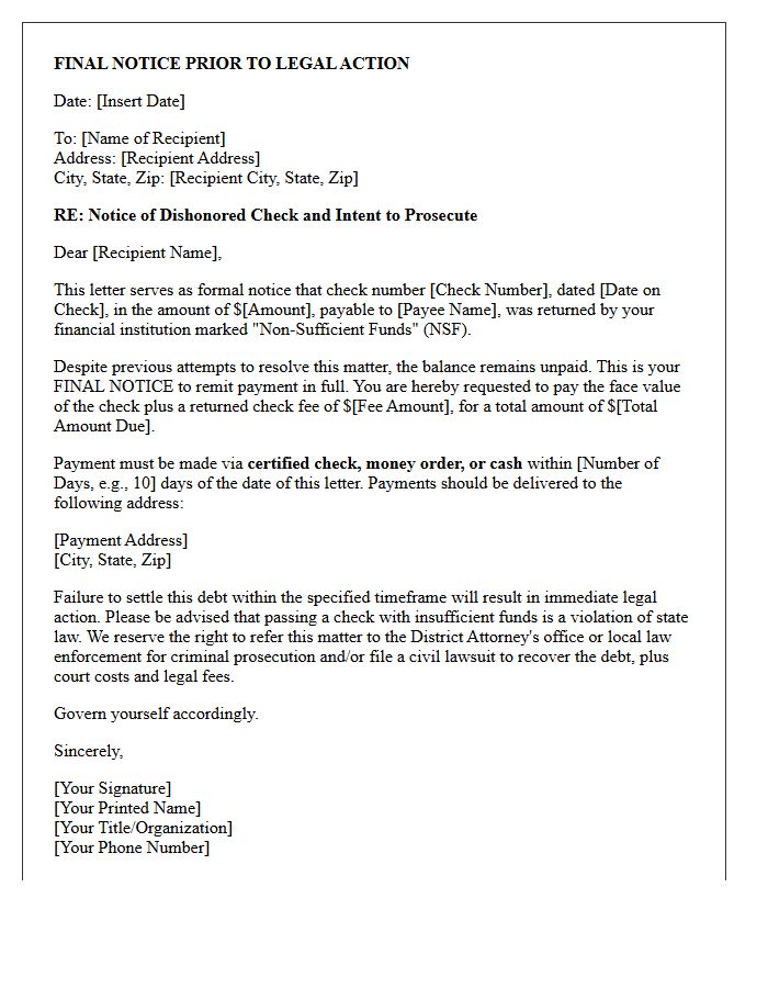 Letter of Final Notice for Non-Sufficient Funds and Criminal Prosecution