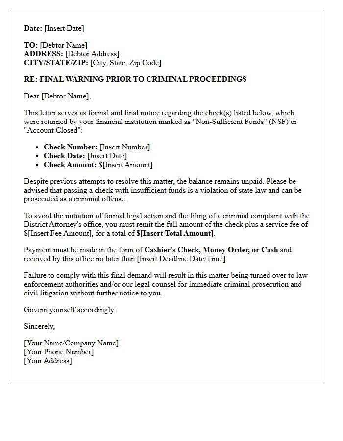 Letter of Final Warning for Bounced Check Criminal Proceedings