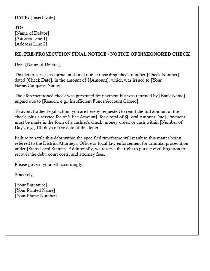 Pre-Prosecution Final Notice Letter Regarding Bounced Check