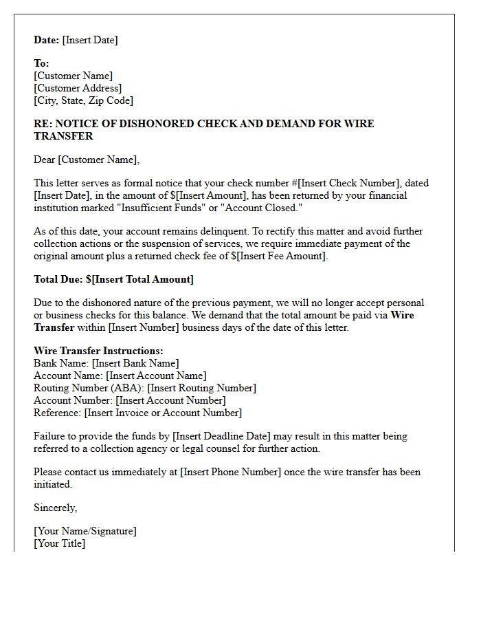 Account Delinquency Letter for Dishonored Check and Wire Transfer Demand