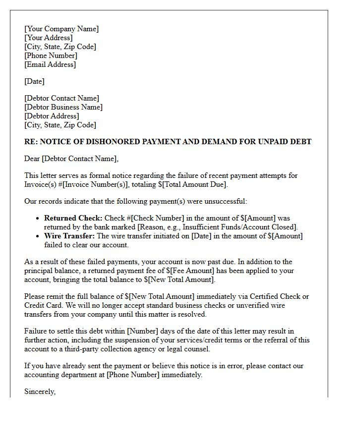 Commercial Debt Collection Letter for Returned Check and Wire Transfer Payment