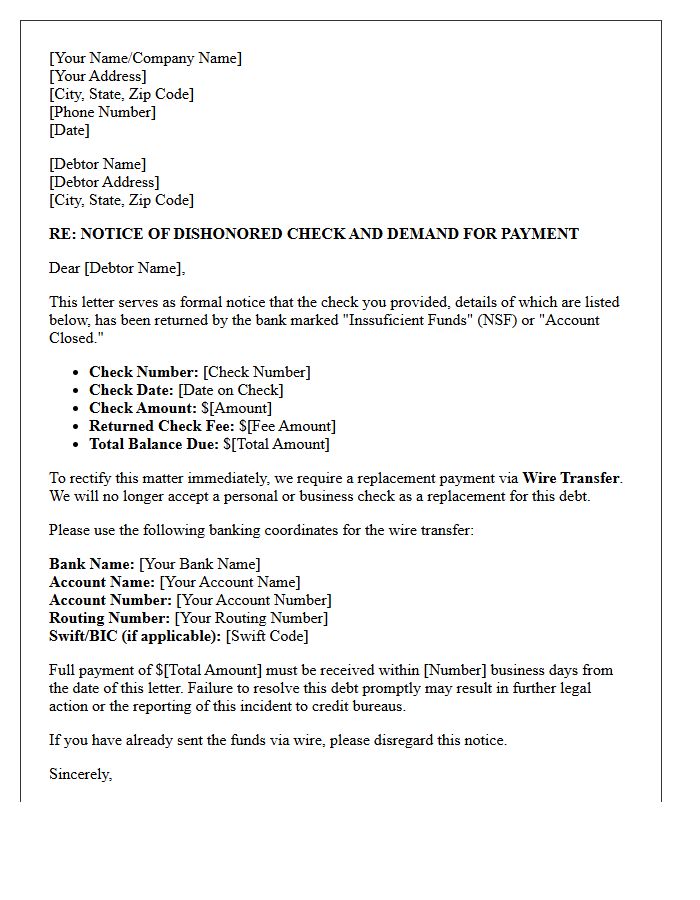 Debt Collection Letter for Bounced Check and Immediate Wire Transfer Replacement