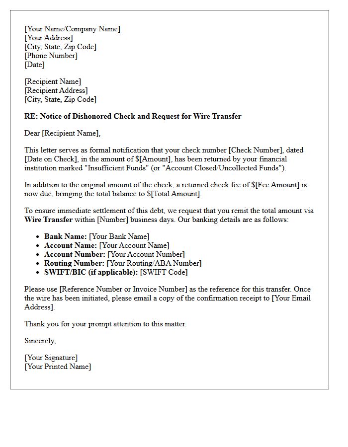 First Notice Letter for Returned Check and Wire Transfer Request