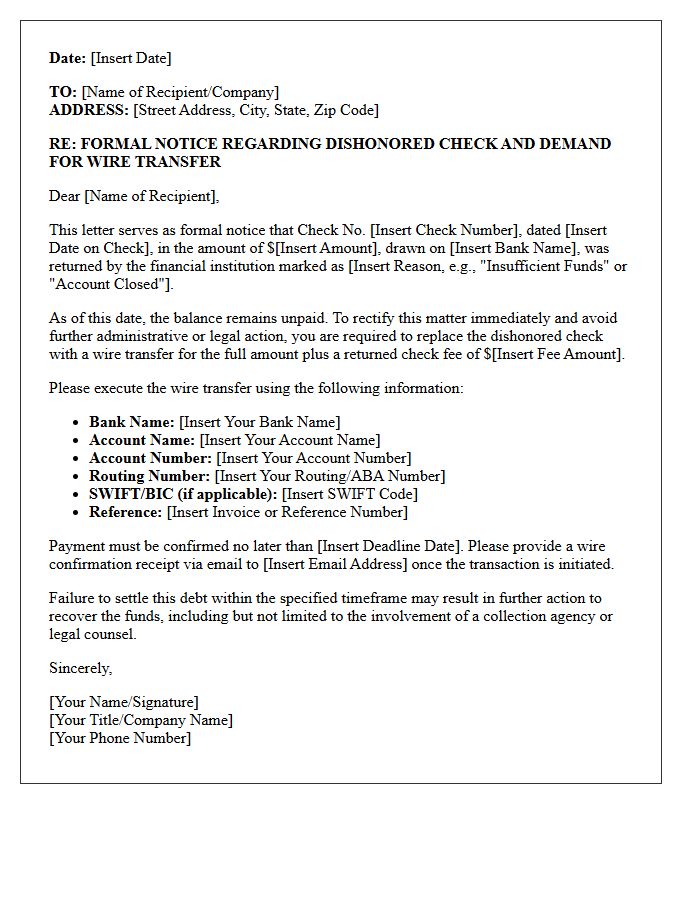 Formal Notice Letter Regarding Dishonored Check and Wire Transfer Replacement