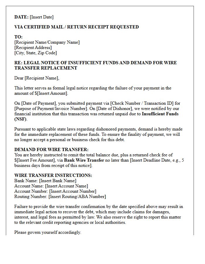 Legal Notice Letter for Insufficient Funds and Wire Transfer Replacement Demand