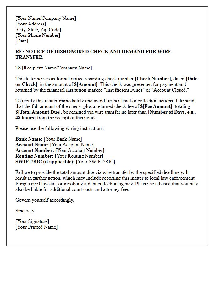 Letter of Demand for Dishonored Check Resolution via Immediate Wire Transfer