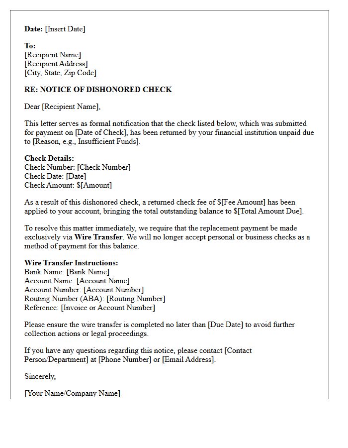 Letter of Notification for Dishonored Check and Mandatory Wire Transfer Replacement