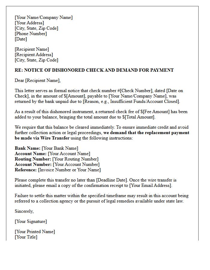 Notice of Dishonored Check and Demand for Wire Transfer Replacement Letter