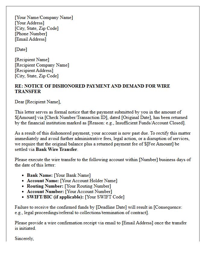 Official Letter of Dishonored Payment and Wire Transfer Replacement Demand