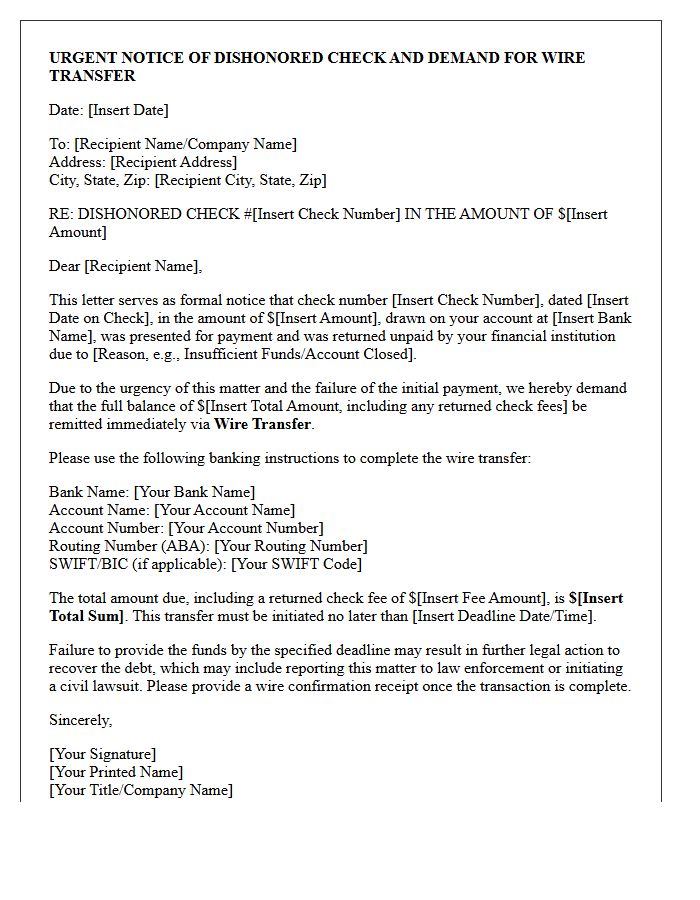 Urgent Letter of Notice Regarding Dishonored Check and Wire Transfer Demand