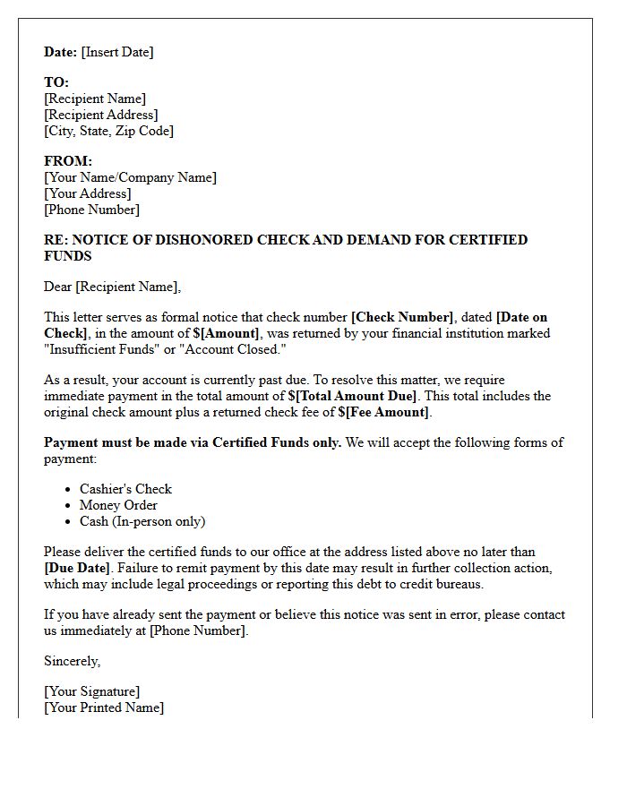 Debt Collection Notice of Bounced Check and Certified Funds Letter
