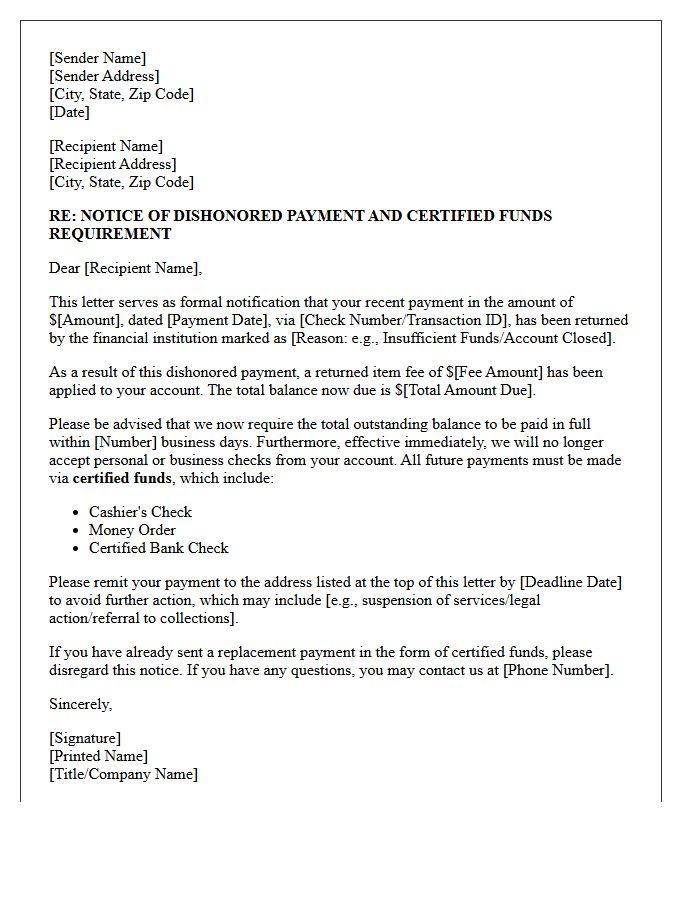 Dishonored Payment Notice and Certified Funds Requirement Letter