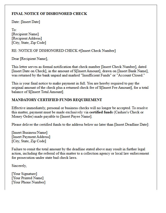 Final Notice of Dishonored Check and Mandatory Certified Funds Letter