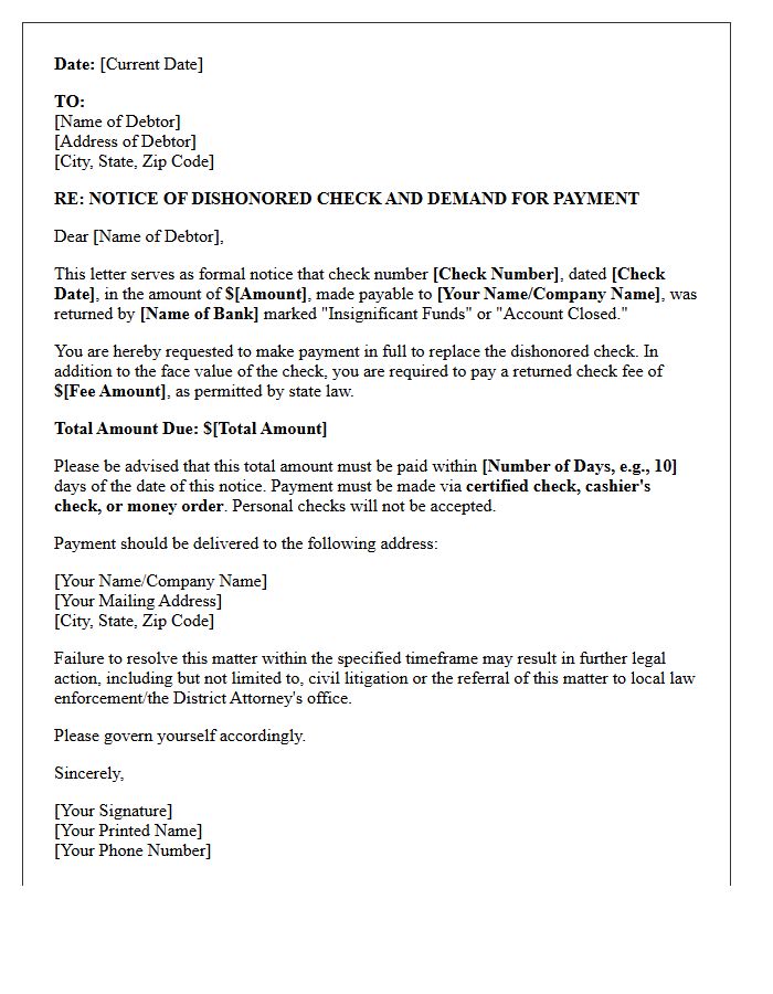 First Notice of Bounced Check and Certified Payment Demand Letter