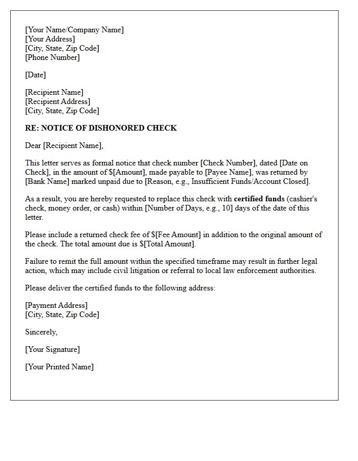 Notice of Dishonored Check and Demand for Certified Funds Letter