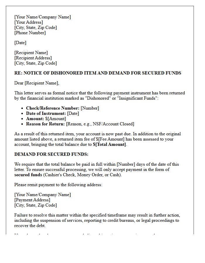 Notice of Dishonored Item and Demand for Secured Funds Letter