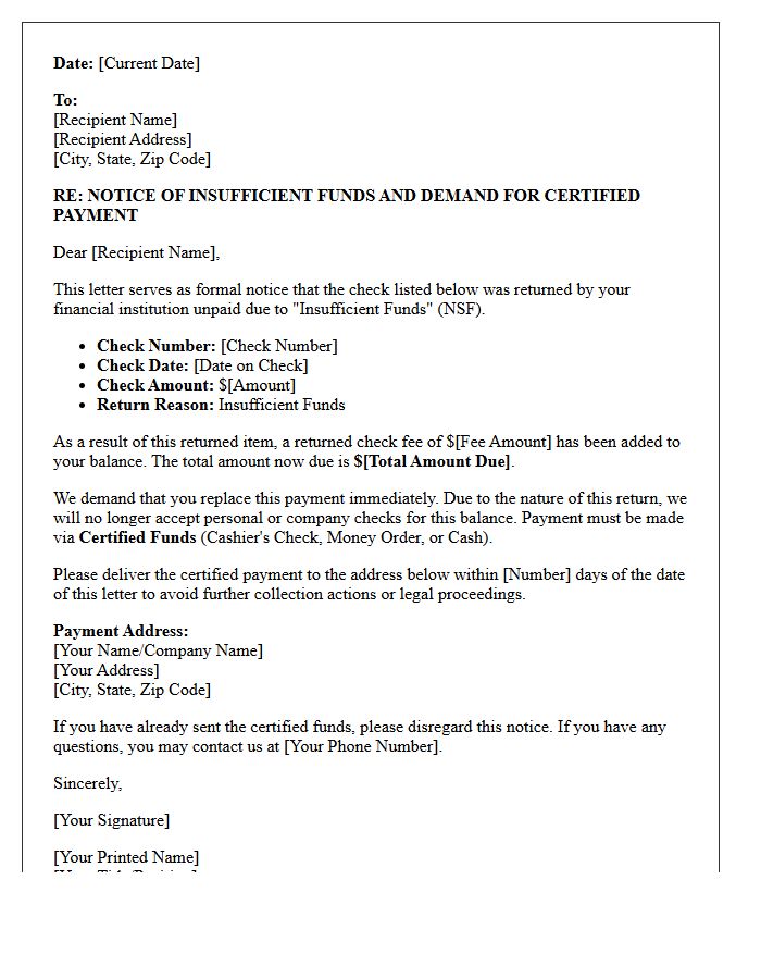 Notice of Insufficient Funds and Demand for Certified Payment Letter
