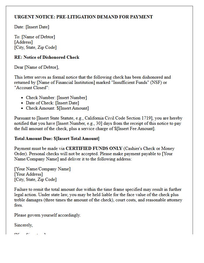 Pre-Litigation Notice of Dishonored Check and Certified Funds Letter