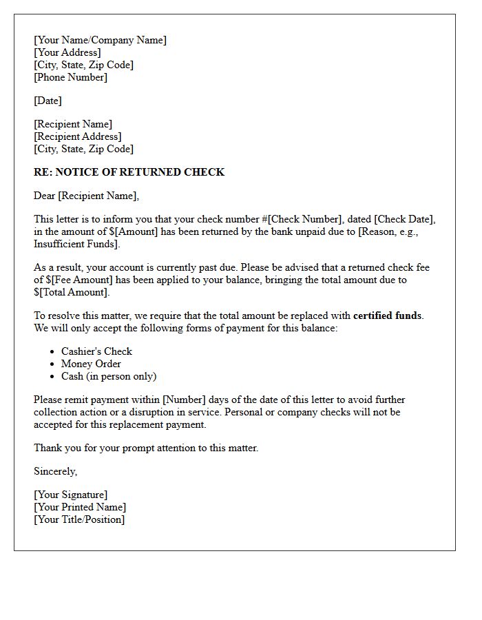 Returned Check Notification and Certified Funds Replacement Letter