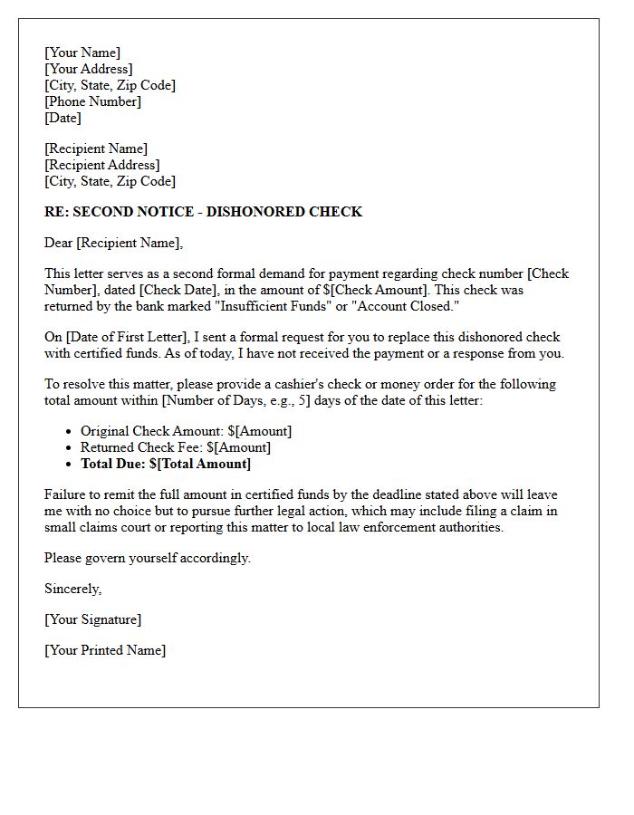 Second Demand for Certified Funds Following Dishonored Check Letter