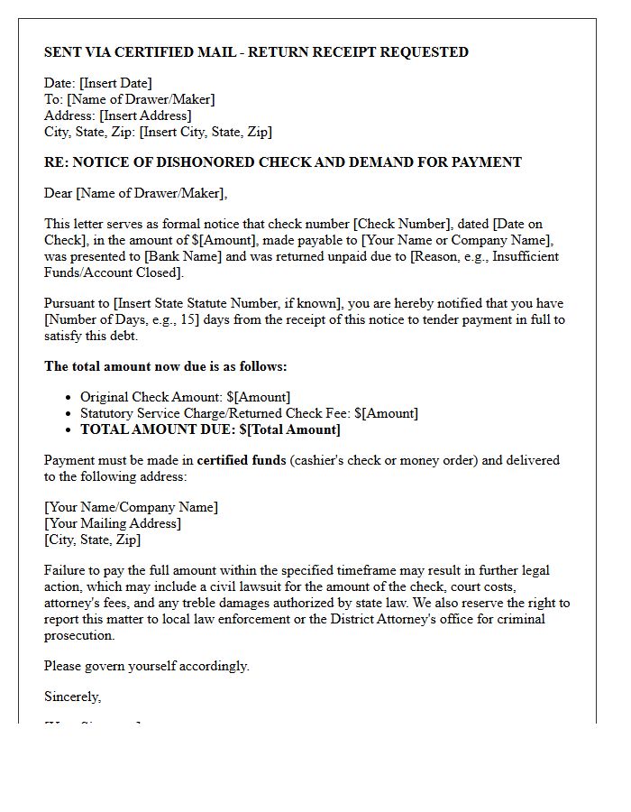 Statutory Notice of Dishonored Check and Certified Funds Demand Letter