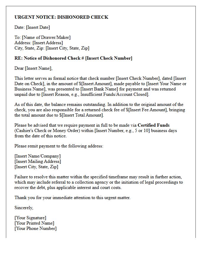Urgent Notice of Dishonored Check and Certified Funds Request Letter