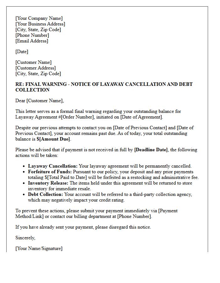 Debt Collection Final Warning and Layaway Cancellation Letter