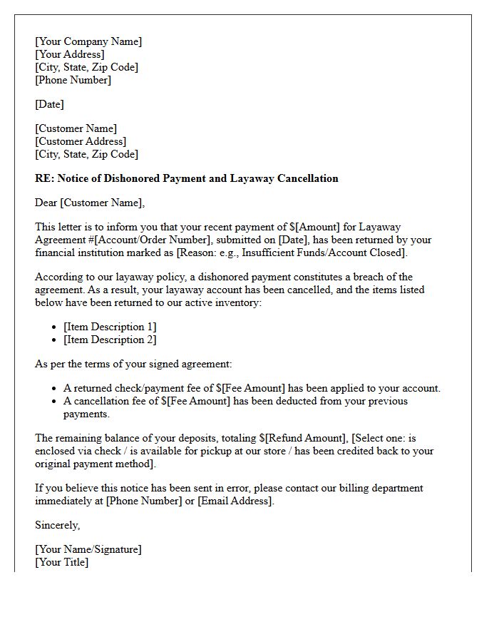 Dishonored Payment and Layaway Cancellation Notice Letter