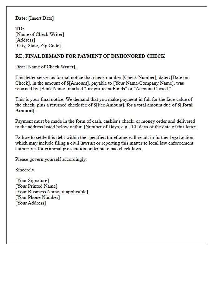 Final Demand for Dishonored Check Payment Letter