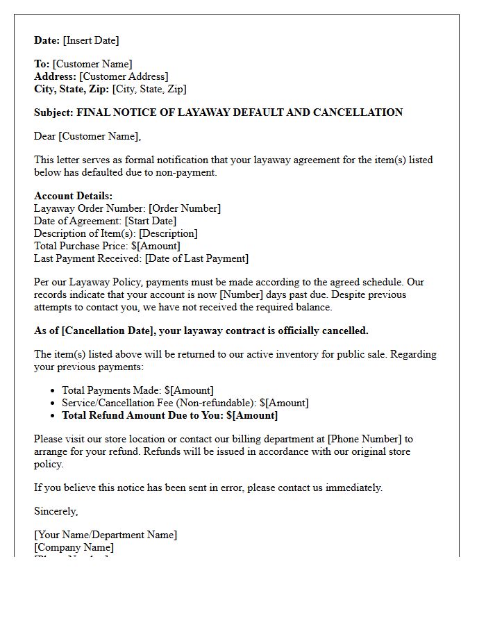 Final Notice of Layaway Default and Cancellation Letter