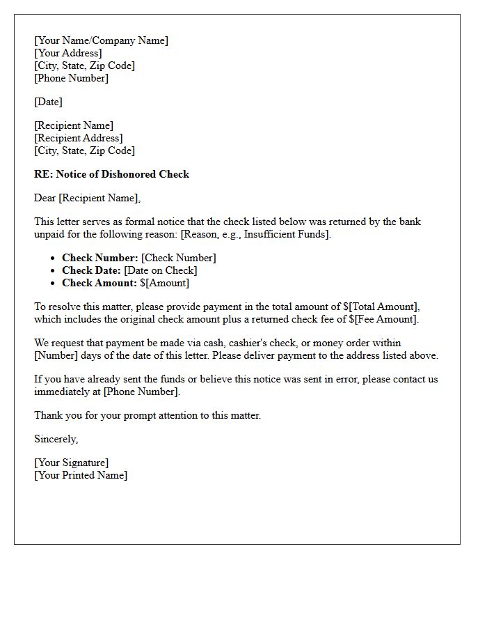 First Notice of Dishonored Check Letter