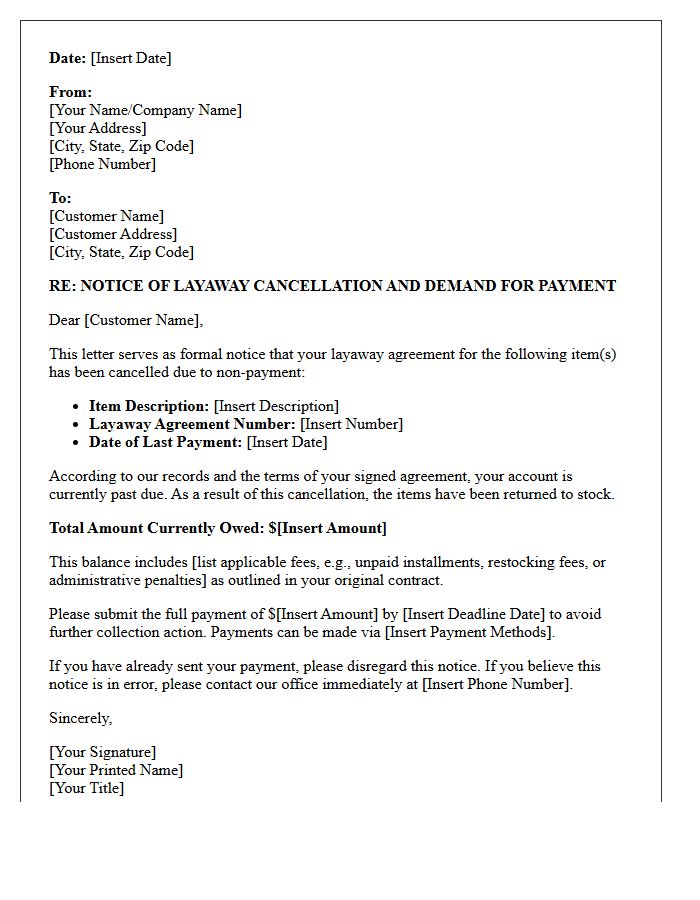 Layaway Cancellation and Debt Collection Demand Letter