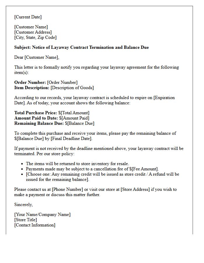 Layaway Contract Termination and Balance Due Letter