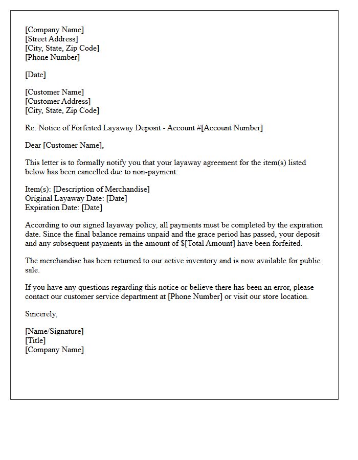 Notice of Forfeited Layaway Deposit Letter