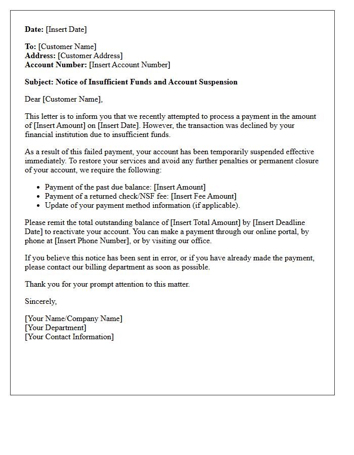 Notice of Insufficient Funds and Account Suspension Letter