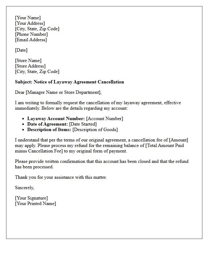Notice of Layaway Agreement Cancellation Letter