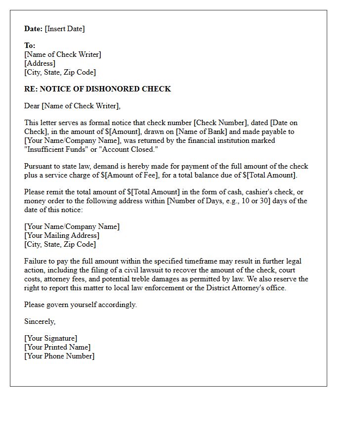 Pre-Legal Action Dishonored Check Demand Letter