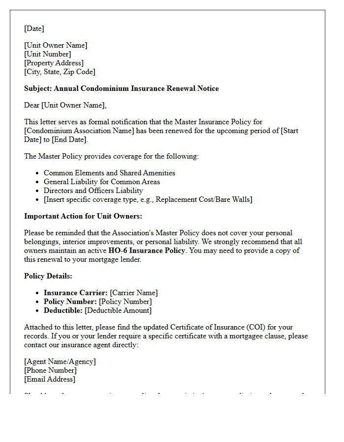 Complete Condominium Insurance Annual Renewal Letter