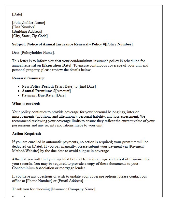 Condominium Insurance Annual Renewal Letter