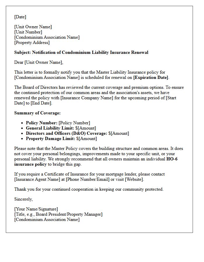 Condominium Liability Insurance Renewal Letter