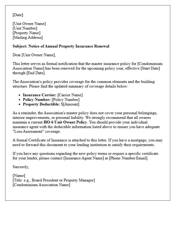Condominium Property Insurance Annual Renewal Letter