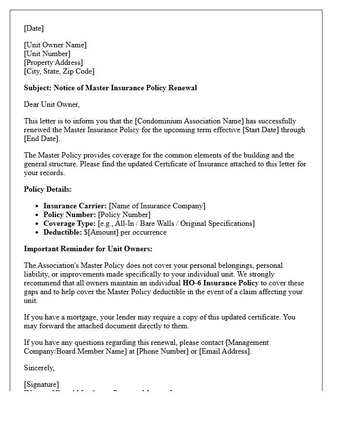 Master Condominium Insurance Annual Renewal Letter