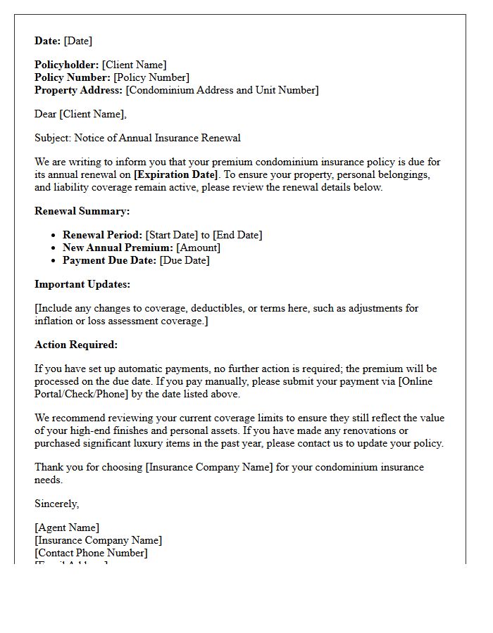 Premium Condominium Insurance Annual Renewal Letter