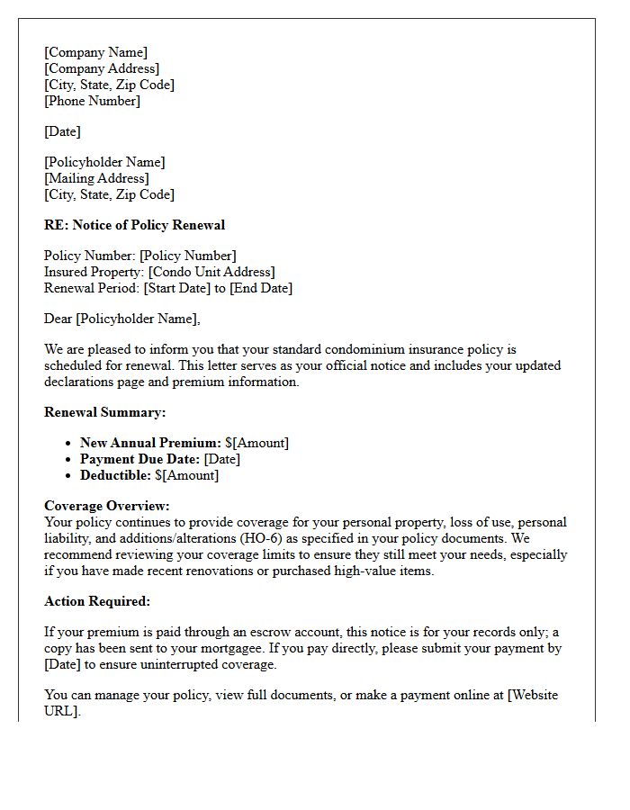 Standard Condominium Policy Annual Renewal Letter