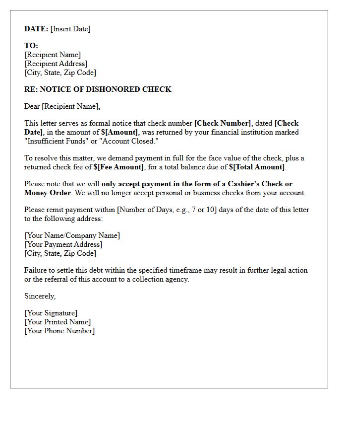 Bounced Check Collection and Cashier Payment Demand Letter
