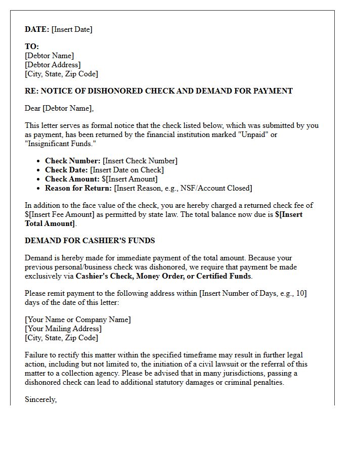 Debt Collection Letter for Dishonored Check and Cashier Funds Demand