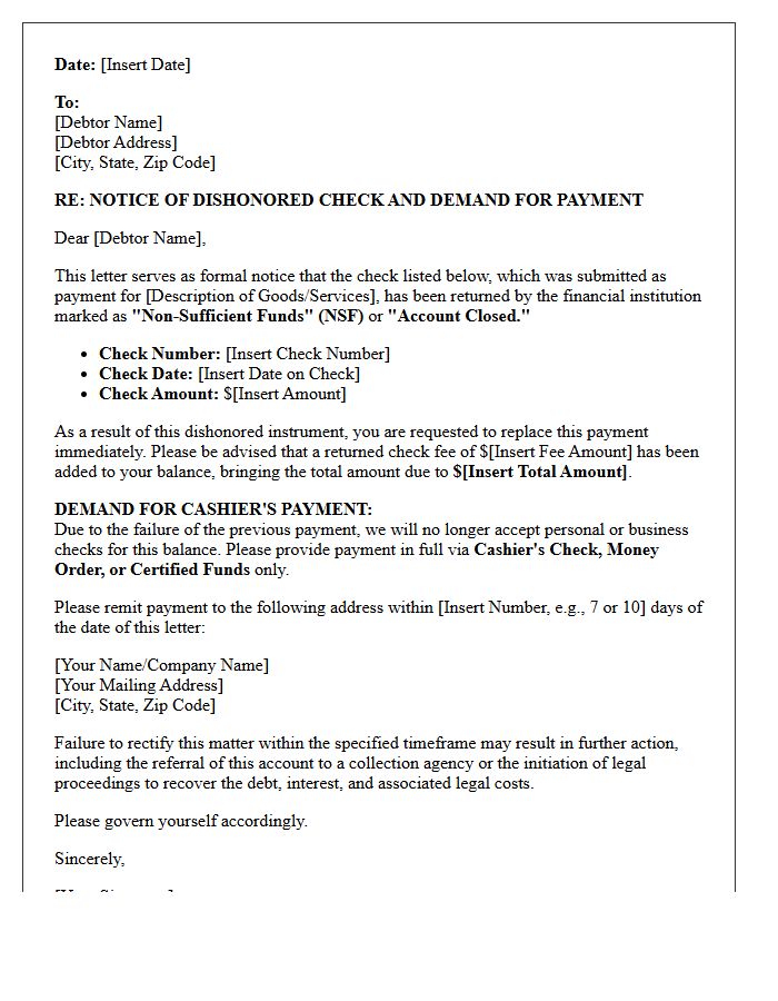 Debt Recovery Letter for Dishonored Check and Cashier Payment Demand