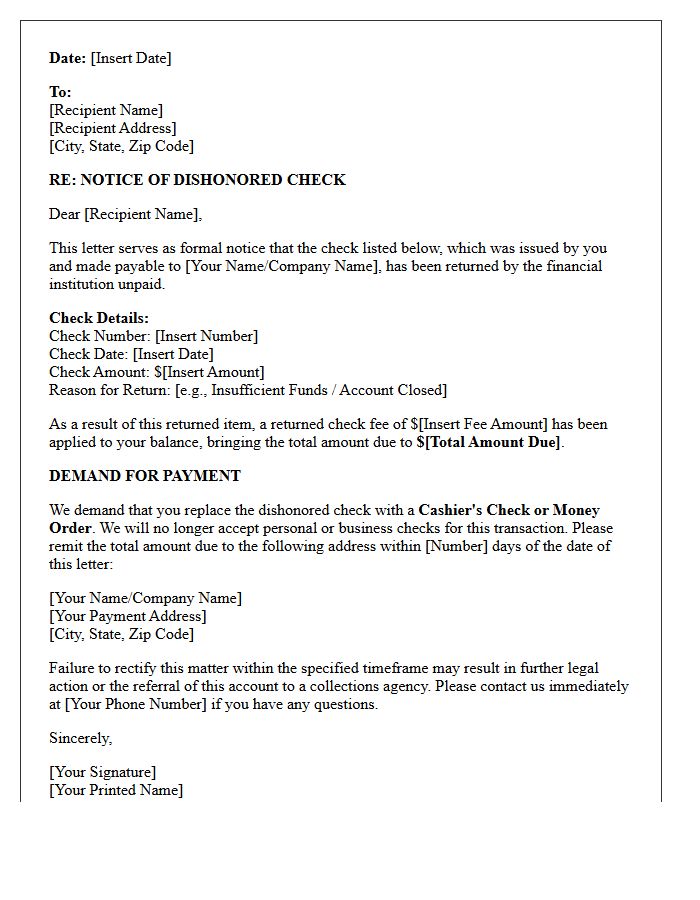 Dishonored Check Notification and Cashier Payment Demand Letter